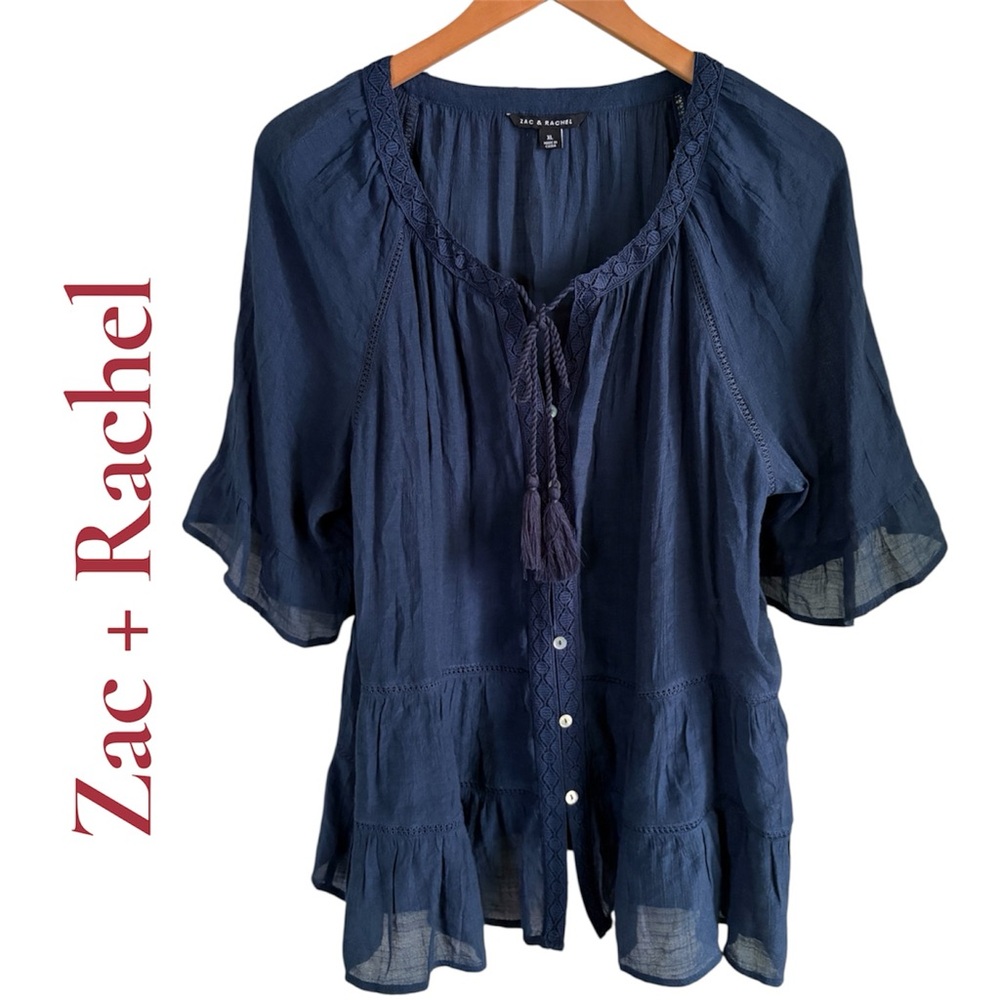 Zac & Rachel Navy Peasant Button Front Top w/Tassel Tie. XL. New with tags!